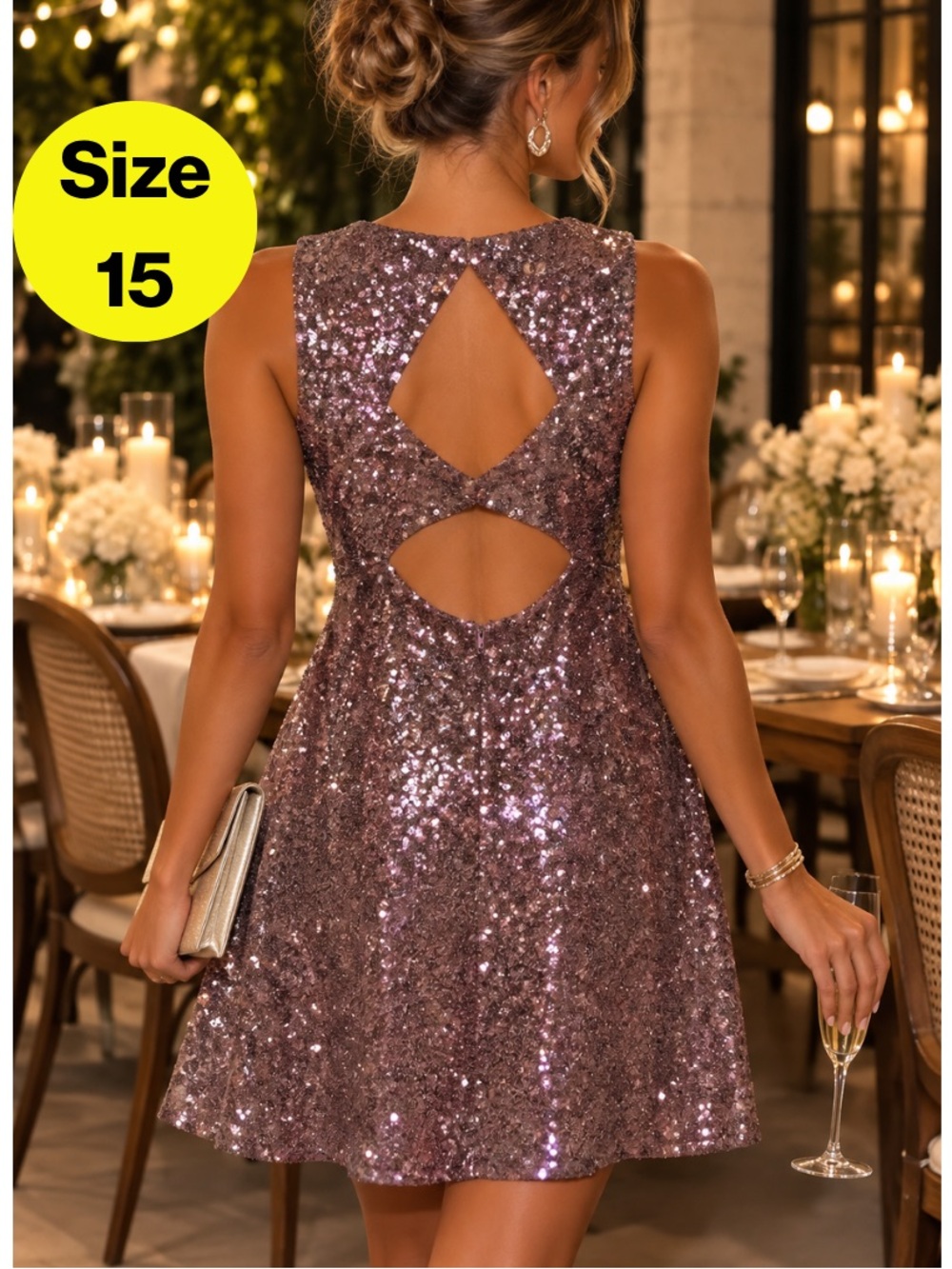 2/for $20 🪩 Rose Gold Sequin Back-Cut A-Line Dress (Women’s Size 15)